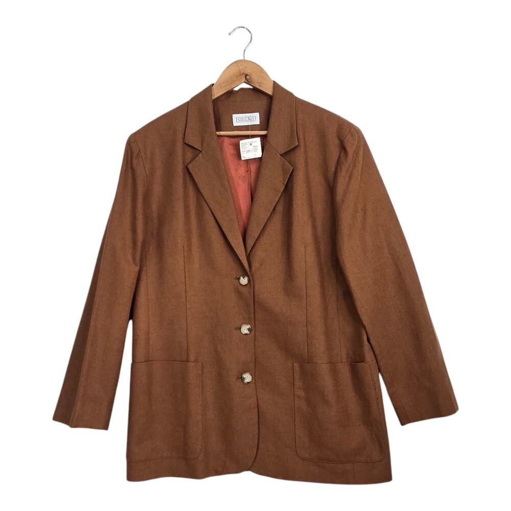 Vintage 90s Lands End Linen Blend Blazer 16 Brown Coffee USA Tailored Jacket